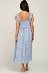 Light Blue Floral Smocked Square Neck Sleeveless Midi Dress