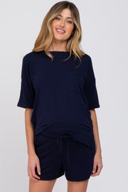 Navy Pocket Front Maternity Pajama Short Set