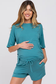 Teal Pocket Front Maternity Pajama Short Set