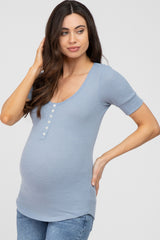 Blue Waffle Knit Maternity Short Sleeve Top