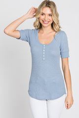 Blue Waffle Knit Maternity Short Sleeve Top