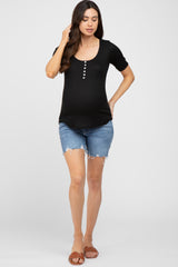 Black Waffle Knit Maternity Short Sleeve Top