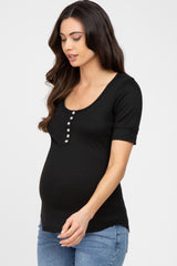 Black Waffle Knit Maternity Short Sleeve Top