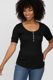 Black Waffle Knit Short Sleeve Top