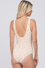 Beige Printed Ribbed Scoop Back One Piece Swimsuit