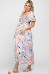 Lavender Watercolor Floral Smocked Maternity Midi Dress