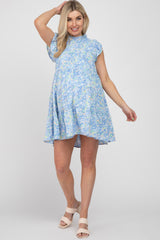 Blue Ruffle Mock Neck Maternity Mini Dress