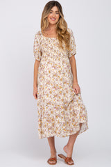 Beige Floral Puff Sleeve Maternity Midi Dress