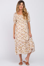 Beige Floral Puff Sleeve Maternity Midi Dress