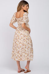 Beige Floral Puff Sleeve Maternity Midi Dress