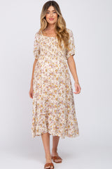 Beige Floral Puff Sleeve Maternity Midi Dress