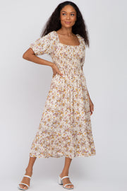 Beige Floral Puff Sleeve Midi Dress