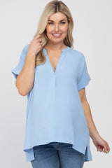 Light Blue V-Neck Rolled Cuff Maternity Blouse