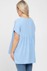 Light Blue V-Neck Rolled Cuff Maternity Blouse