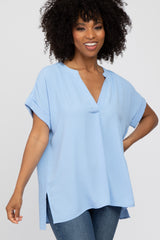 Light Blue V-Neck Rolled Cuff Blouse