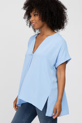 Light Blue V-Neck Rolled Cuff Blouse