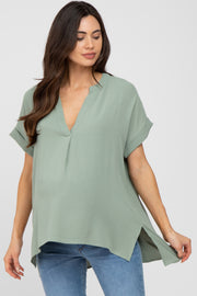 Light Olive V-Neck Rolled Cuff Maternity Blouse