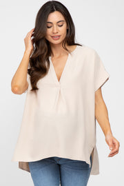 Beige V-Neck Rolled Cuff Maternity Blouse