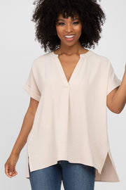 Beige V-Neck Rolled Cuff Blouse