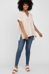 Beige V-Neck Rolled Cuff Blouse