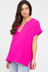 Fuchsia V-Neck Rolled Cuff Maternity Blouse