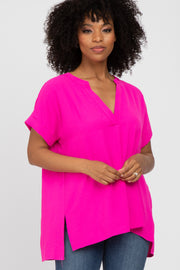 Fuchsia V-Neck Rolled Cuff Blouse