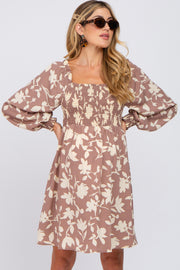 Taupe Floral Smocked Off Shoulder Maternity Dress