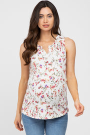 Ivory Floral Split Neck Maternity Tank Top