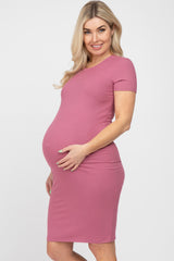 Mauve Ribbed Fitted Maternity Dress