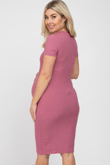 Mauve Ribbed Fitted Maternity Dress