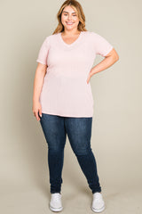 Pink Textured V-Neck Plus Top