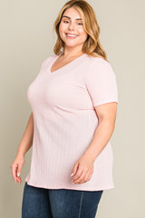 Pink Textured V-Neck Plus Top