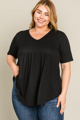 Black Textured V-Neck Plus Top