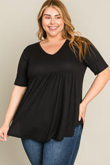 Black Textured V-Neck Plus Top