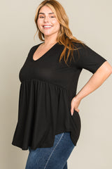 Black Textured V-Neck Plus Top