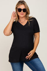 Black Textured V-Neck Maternity Plus Top