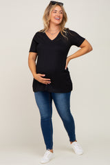 Black Textured V-Neck Maternity Plus Top