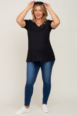 Black Textured V-Neck Maternity Plus Top