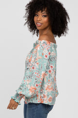 Mint Green Floral Off Shoulder Blouse