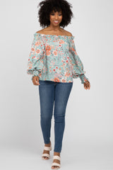 Mint Green Floral Off Shoulder Blouse