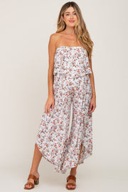 Ivory Floral Split Hem Strapless Maternity Jumpsuit