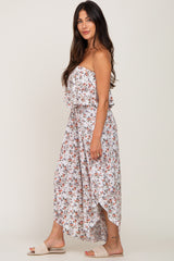 Ivory Floral Split Hem Strapless Jumpsuit