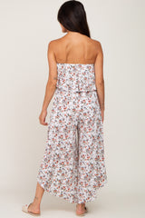 Ivory Floral Split Hem Strapless Jumpsuit