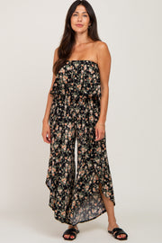 Black Floral Split Hem Strapless Jumpsuit