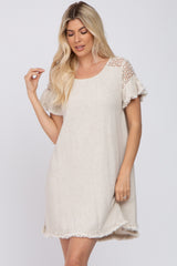 Beige Linen Crochet Shoulder Fringe Hem Maternity Dress