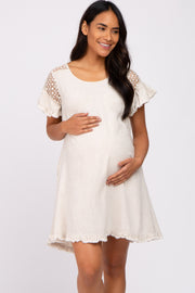 Beige Linen Crochet Shoulder Fringe Hem Maternity Dress