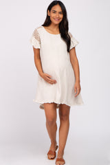 Beige Linen Crochet Shoulder Fringe Hem Maternity Dress