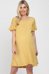 Yellow Linen Crochet Shoulder Fringe Hem Maternity Dress