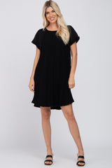 Black Linen Fringe Hem Burnout Sleeve Dress