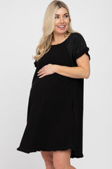 Black Linen Fringe Hem Burnout Sleeve Maternity Dress